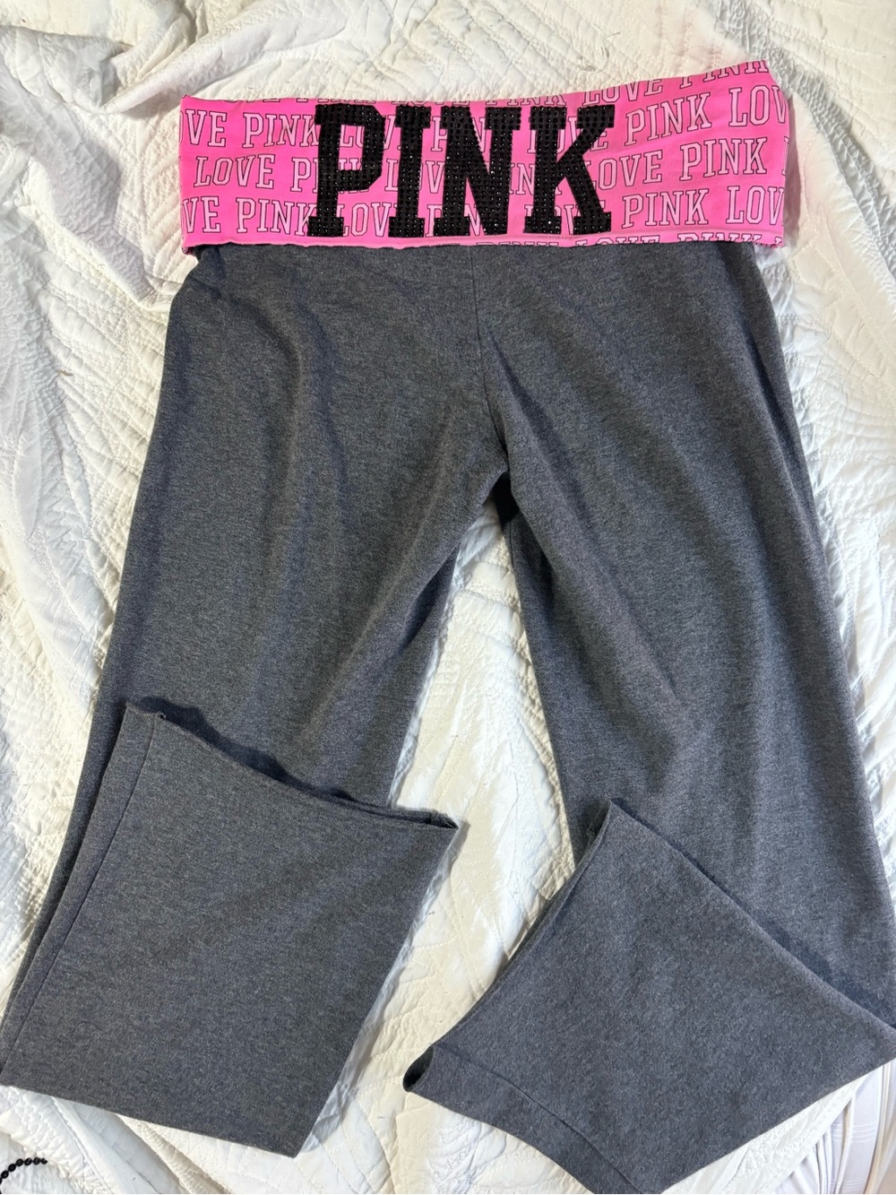 Vintage Y2K PINK Gray Leggings with Pink Logo Waistband